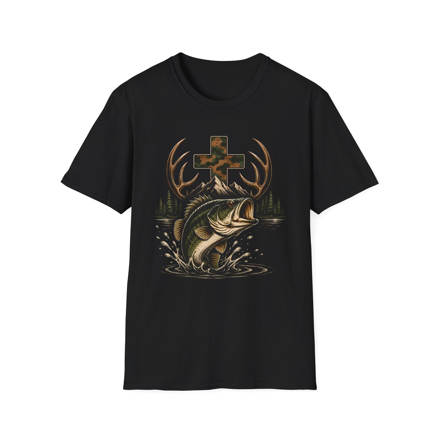 Fishing & Outdoors T-Shirt — Camouflage Cross, Antlers & Largemouth Bass Graphic