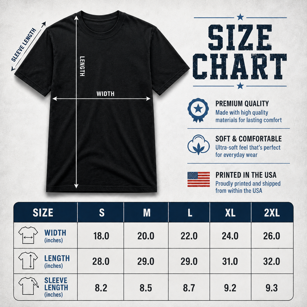 Adult unisex T-shirt size chart in inches