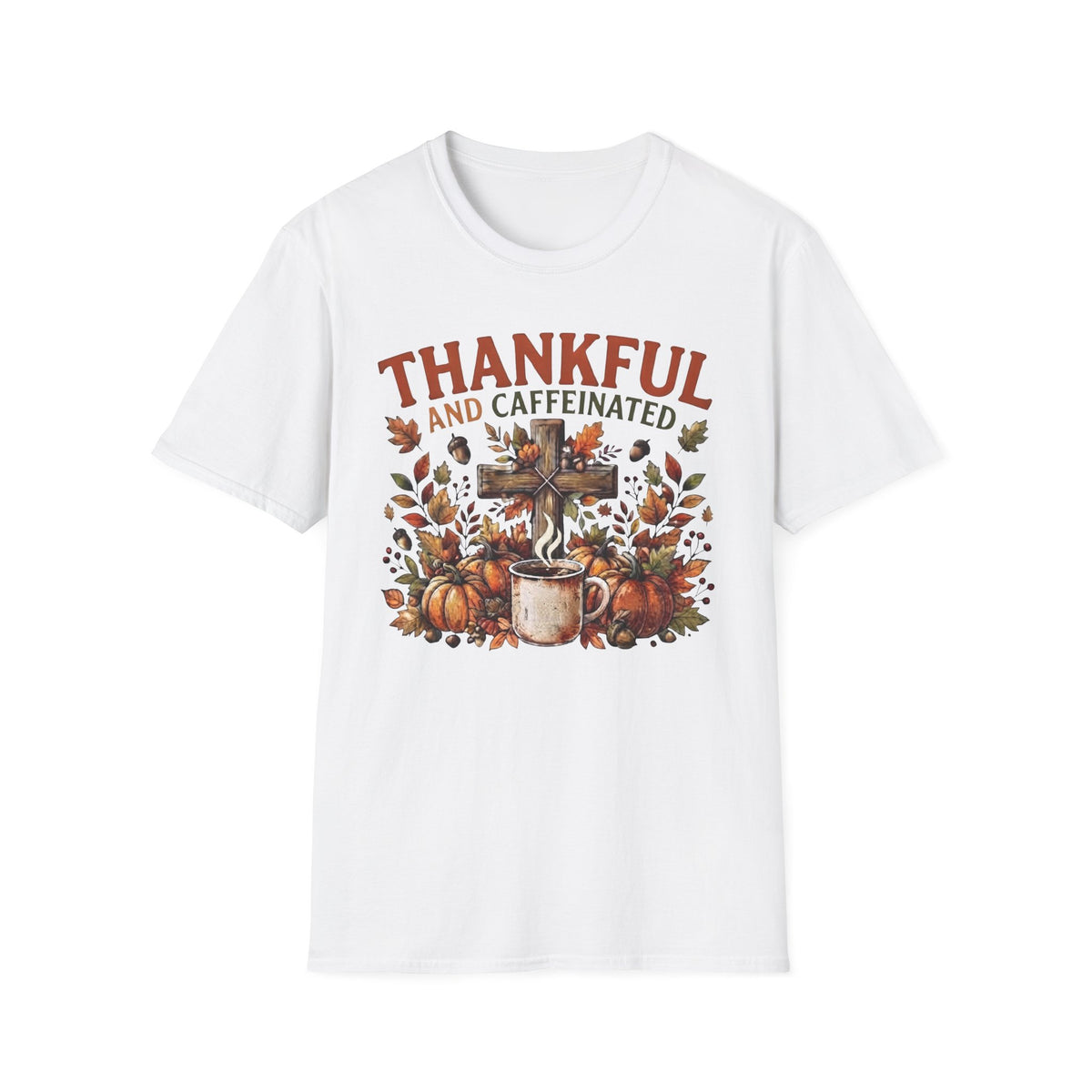 Thankful and Caffeinated Shirt | Pumpkin Coffee T-Shirt | Rustic Fall Faith Tee