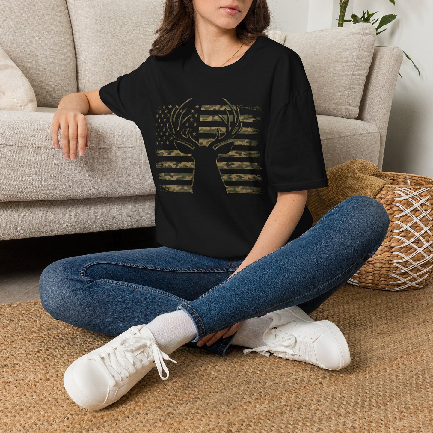 Camo Deer Silhouette American Flag T-Shirt