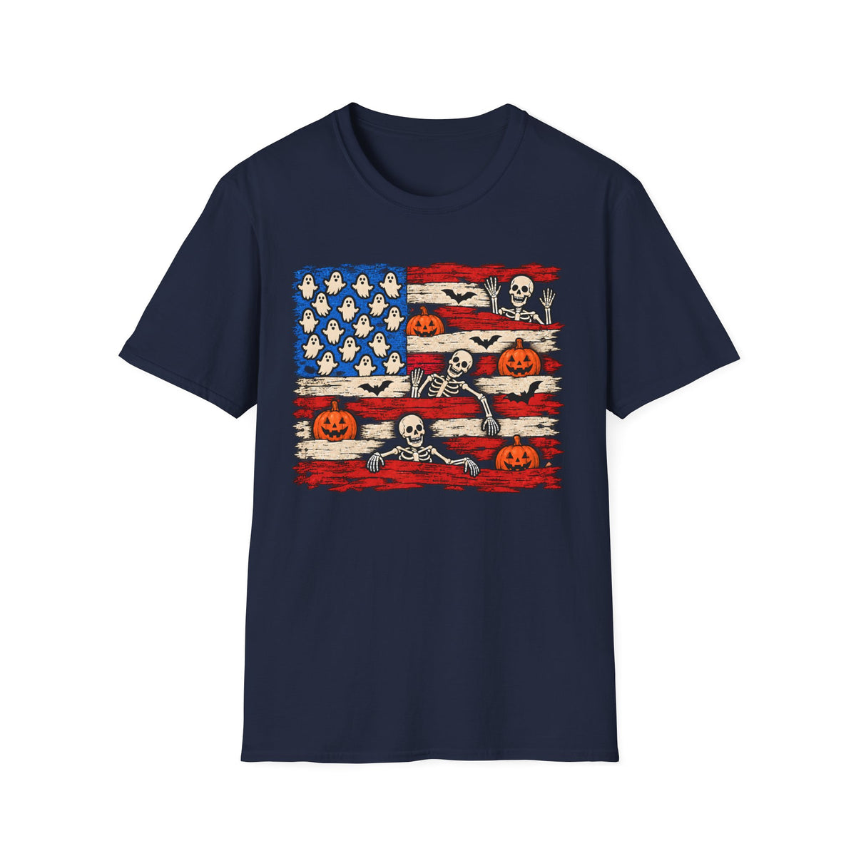Halloween American Flag Shirt | Ghost Pumpkin Skeleton T-Shirt | Unisex Tee