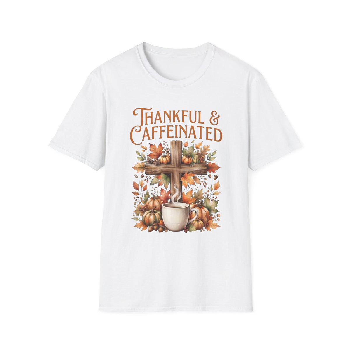 Thankful And Caffeinated Shirt | Christian Fall Coffee T-Shirt | Cross And Pumpkin Tee