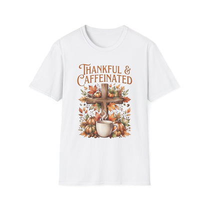 Thankful And Caffeinated Shirt | Christian Fall Coffee T-Shirt | Cross And Pumpkin Tee