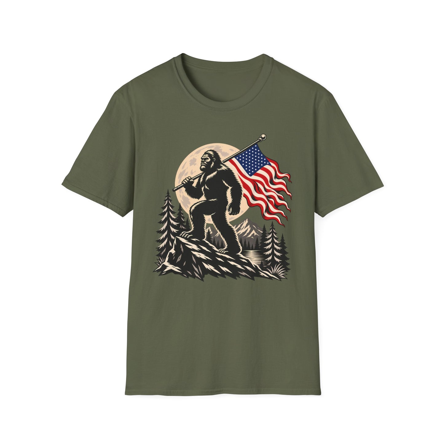American Flag Bigfoot Wilderness T-Shirt | Nature Sasquatch Unisex Tee