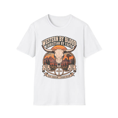 Western by Blood Christian by Faith Shirt | Cowboy Skull T-Shirt | Unisex Tee