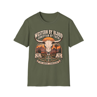 Western by Blood Christian by Faith Shirt | Cowboy Skull T-Shirt | Unisex Tee