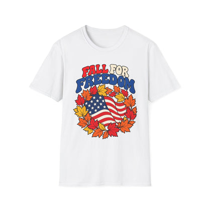 Fall for Freedom Unisex T-Shirt | American Flag and Autumn Leaves
