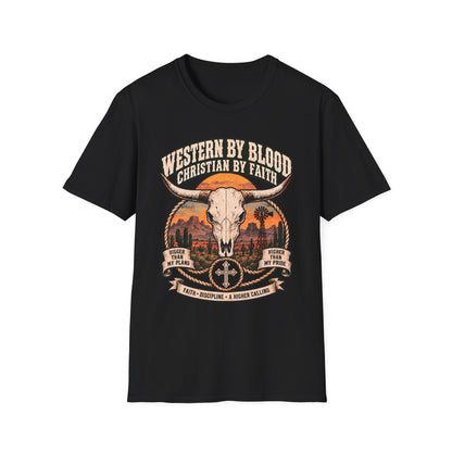 Western by Blood Christian by Faith Shirt | Cowboy Skull T-Shirt | Unisex Tee