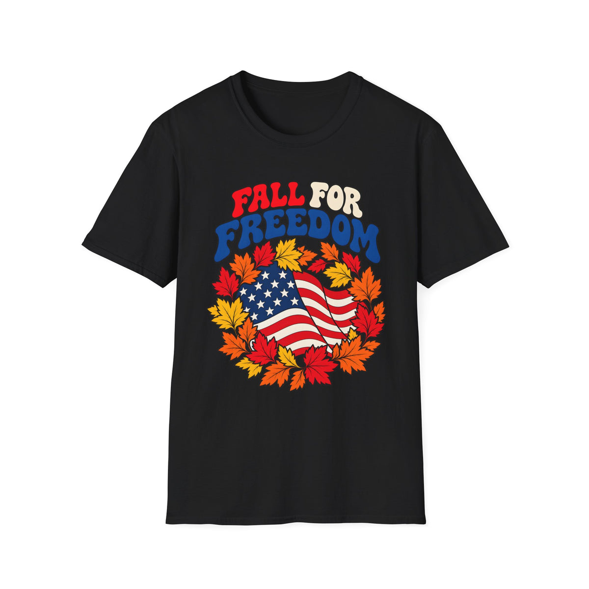 Fall for Freedom Unisex T-Shirt | American Flag and Autumn Leaves