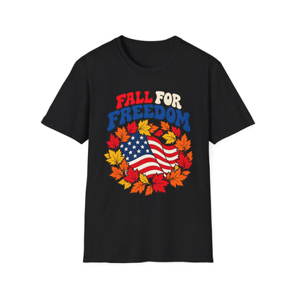 Fall for Freedom Unisex T-Shirt | American Flag and Autumn Leaves