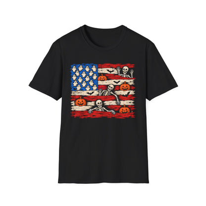 Halloween American Flag Shirt | Ghost Pumpkin Skeleton T-Shirt | Unisex Tee