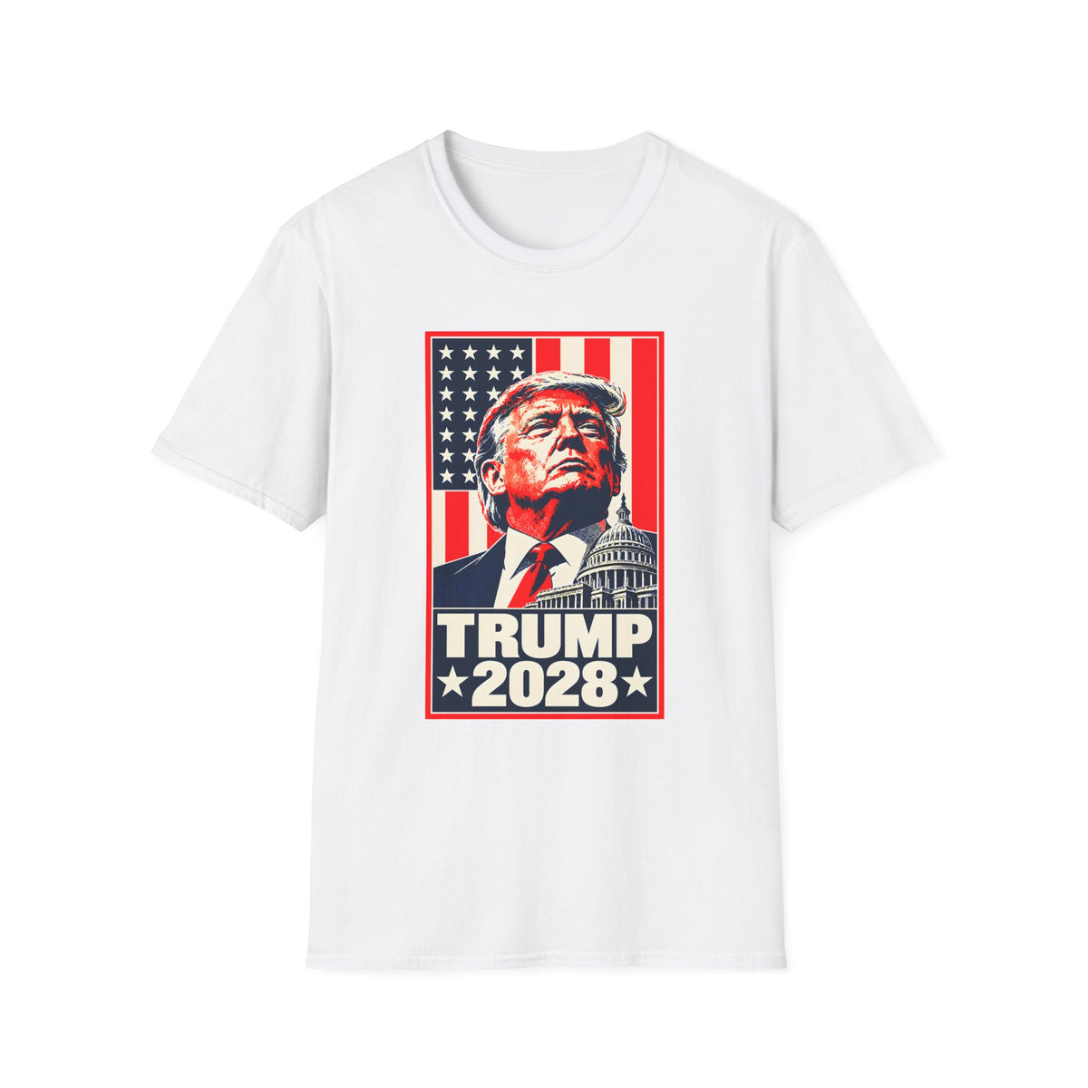 Trump 2028 Portrait T-Shirt | American Flag and Capitol Graphic