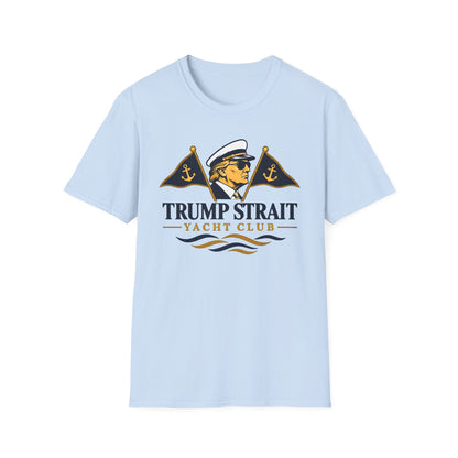 Trump Strait Yacht Club T-shirt in Light Blue with navy and gold captain graphic, front view