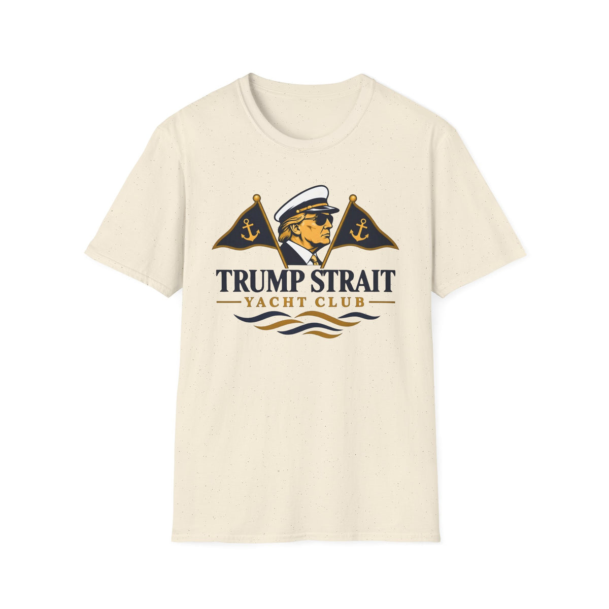 Trump Strait Yacht Club T-shirt in Beige with navy and gold captain graphic, front view