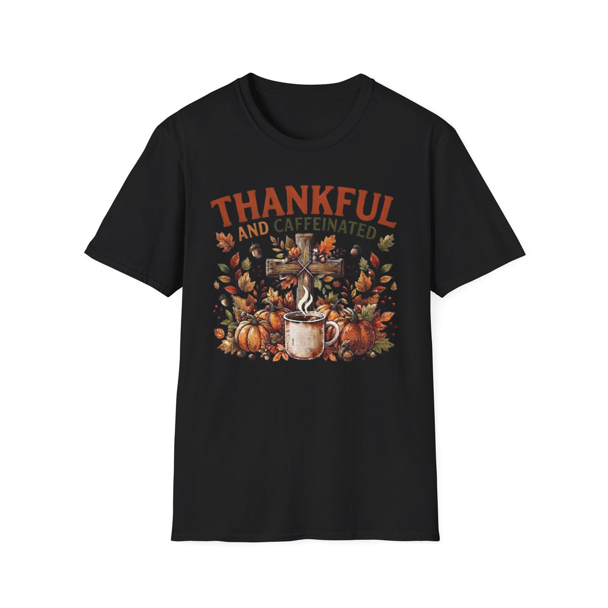 Thankful and Caffeinated Shirt | Pumpkin Coffee T-Shirt | Rustic Fall Faith Tee