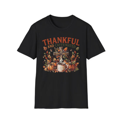 Thankful and Caffeinated Shirt | Pumpkin Coffee T-Shirt | Rustic Fall Faith Tee