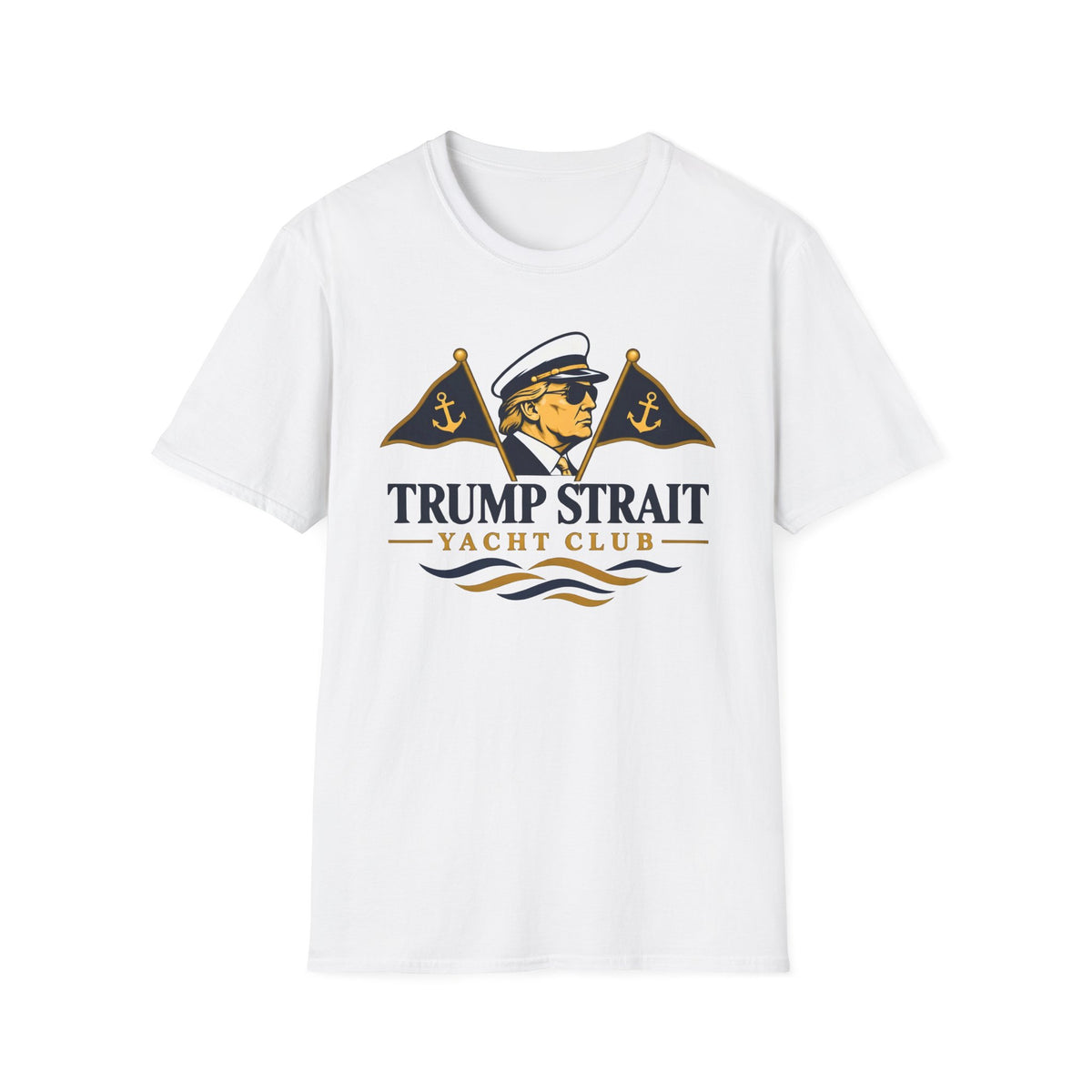 Trump Strait Yacht Club T-shirt in White with navy and gold captain graphic, front view