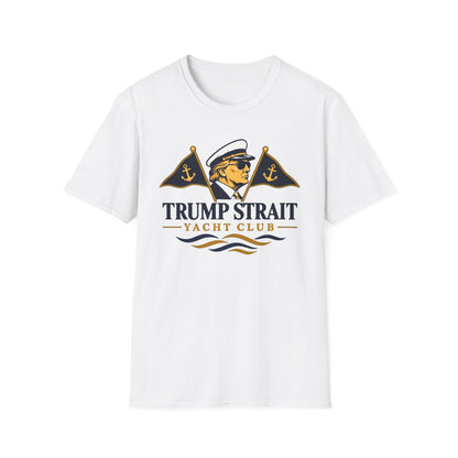 Trump Strait Yacht Club T-shirt in White with navy and gold captain graphic, front view