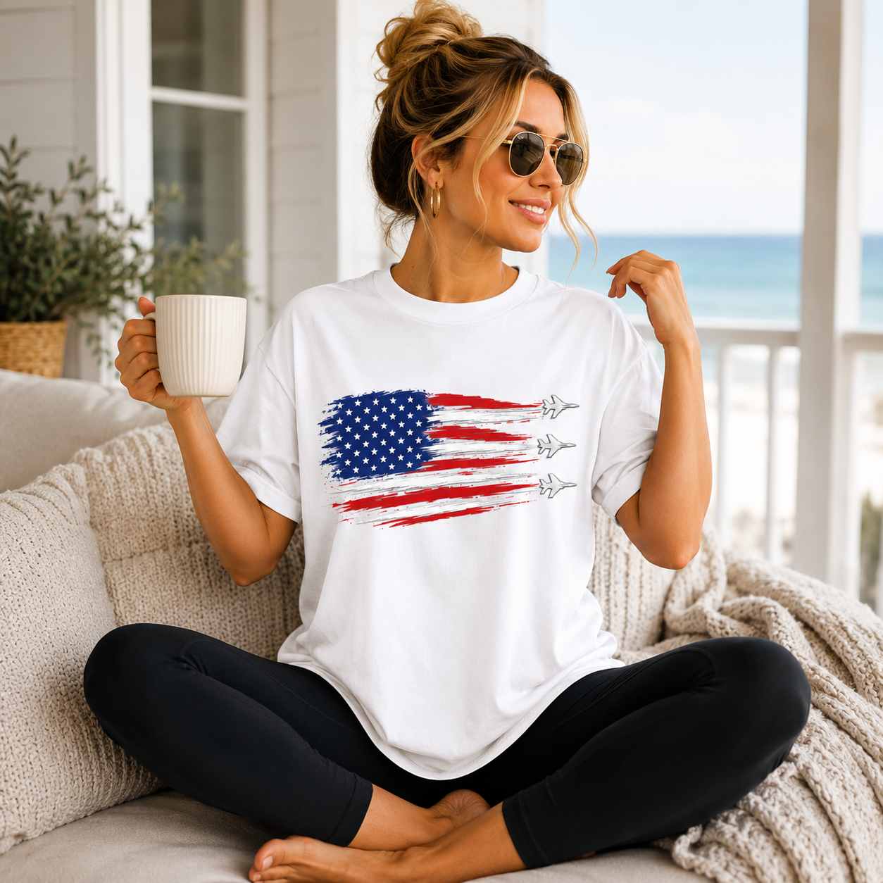 Patriotic Jet Flyover T-Shirt | American Flag Fighter Jets Graphic Unisex Tee