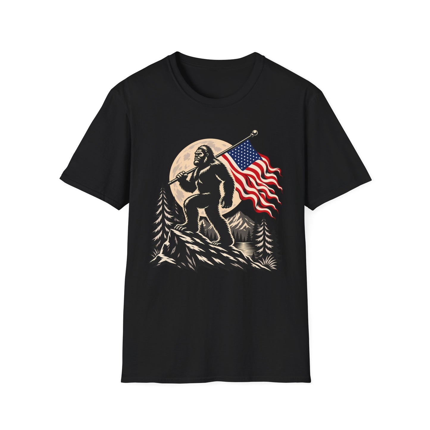 American Flag Bigfoot Wilderness T-Shirt | Nature Sasquatch Unisex Tee