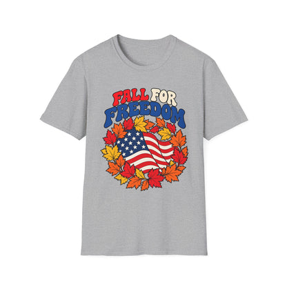 Fall for Freedom Unisex T-Shirt | American Flag and Autumn Leaves