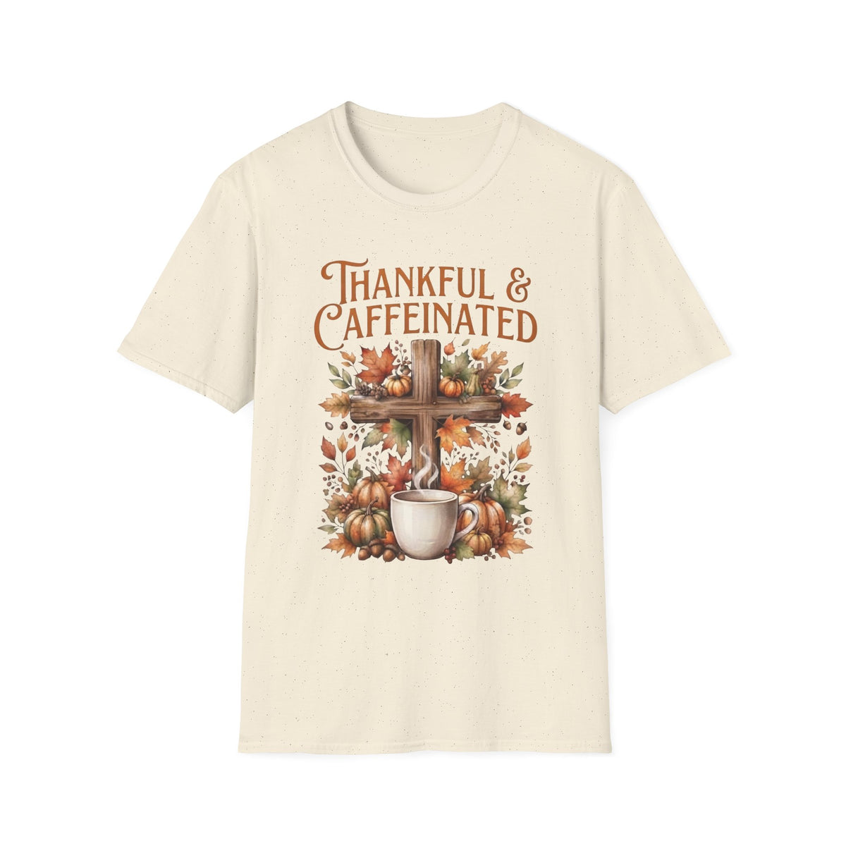 Thankful And Caffeinated Shirt | Christian Fall Coffee T-Shirt | Cross And Pumpkin Tee