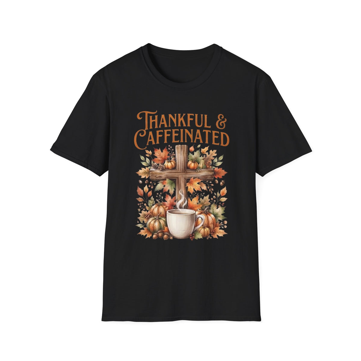 Thankful And Caffeinated Shirt | Christian Fall Coffee T-Shirt | Cross And Pumpkin Tee