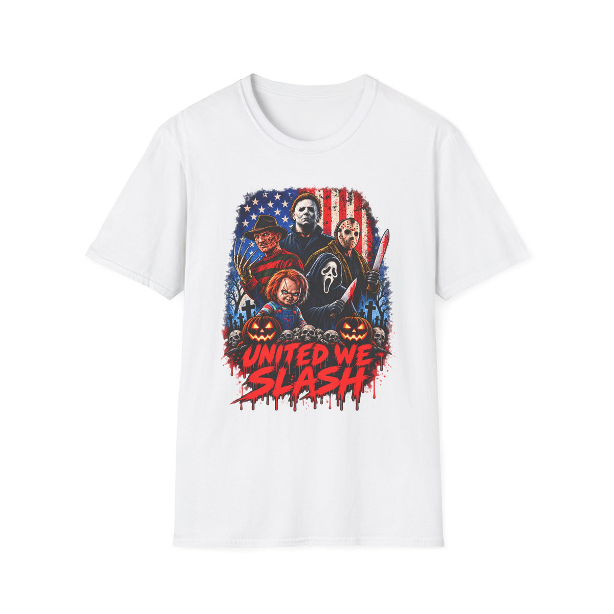 United We Slash T-Shirt | Patriotic Halloween Horror Graphic