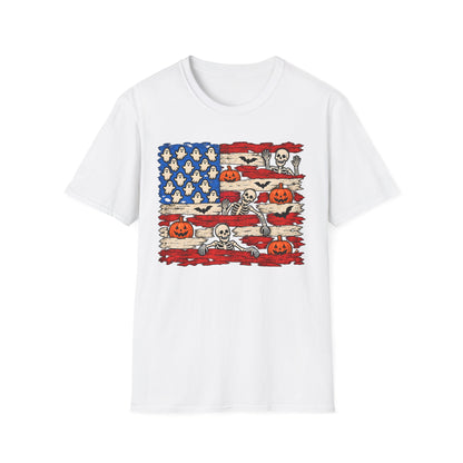 Halloween American Flag Shirt | Ghost Pumpkin Skeleton T-Shirt | Unisex Tee