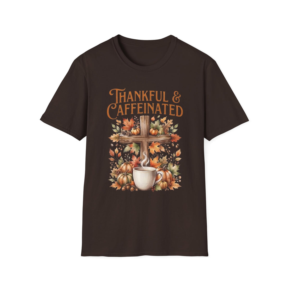 Thankful And Caffeinated Shirt | Christian Fall Coffee T-Shirt | Cross And Pumpkin Tee
