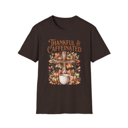 Thankful And Caffeinated Shirt | Christian Fall Coffee T-Shirt | Cross And Pumpkin Tee