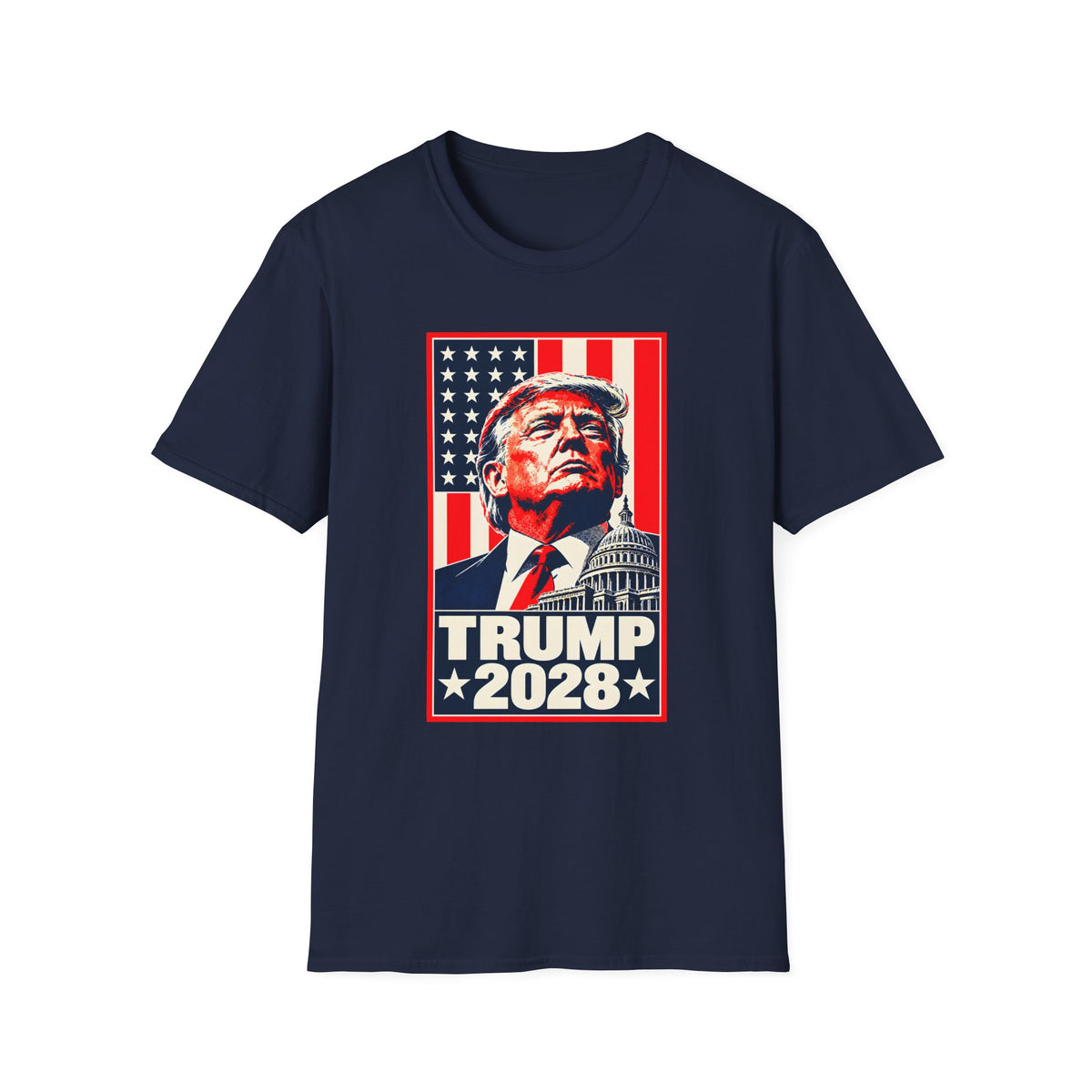 Trump 2028 Portrait T-Shirt | American Flag and Capitol Graphic