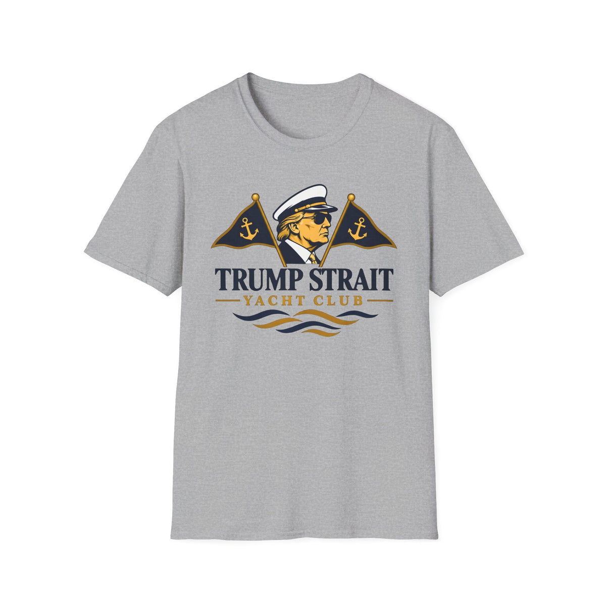 Trump Strait Yacht Club T-shirt in Gray with navy and gold captain graphic, front view