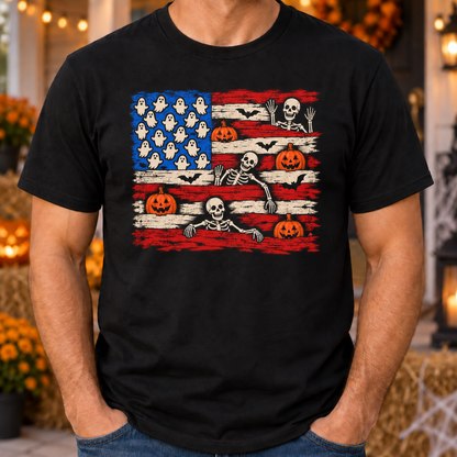 Halloween American Flag Shirt | Ghost Pumpkin Skeleton T-Shirt | Unisex Tee