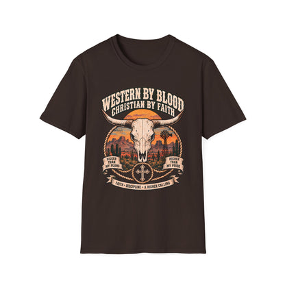 Western by Blood Christian by Faith Shirt | Cowboy Skull T-Shirt | Unisex Tee
