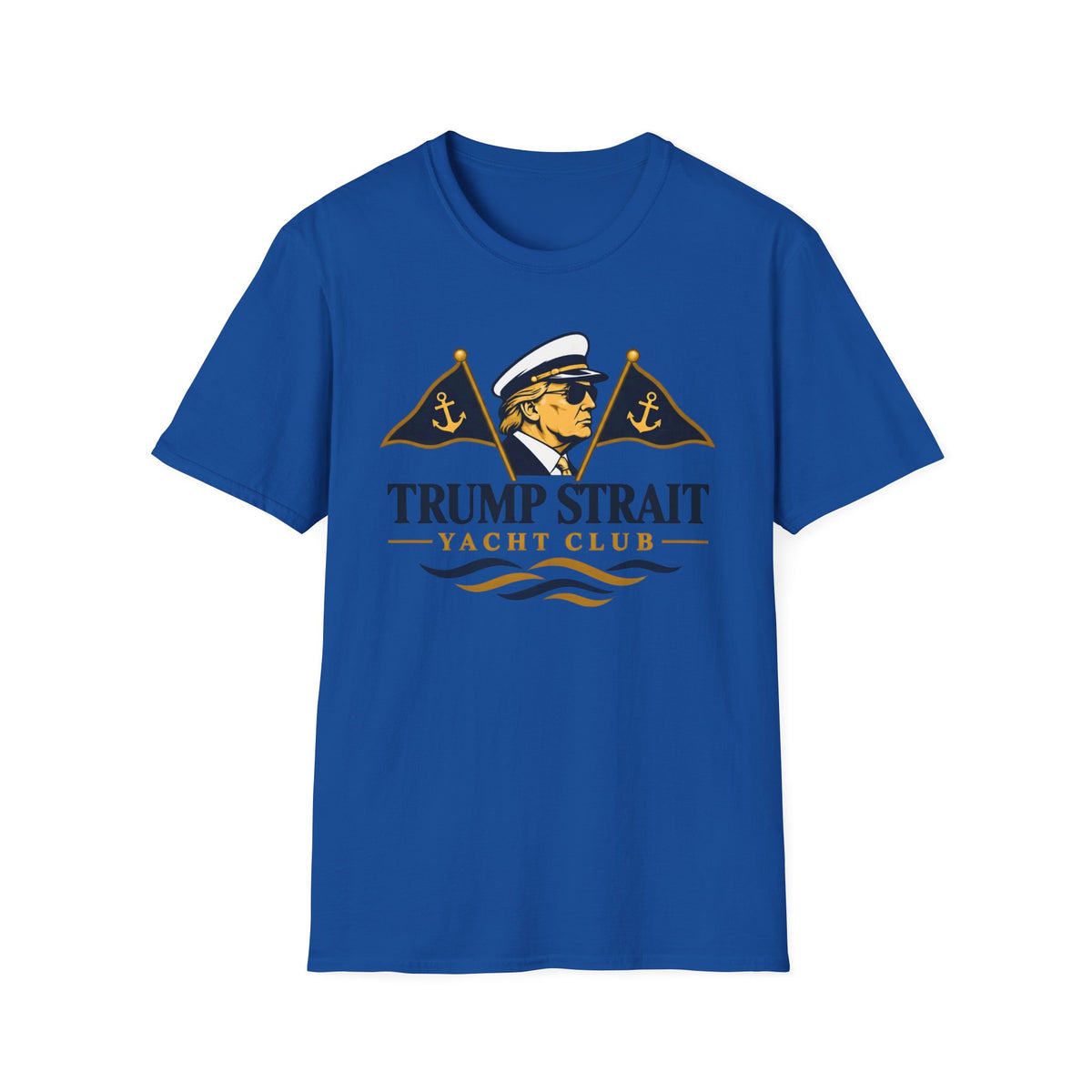 Trump Strait Yacht Club T-shirt in Blue with navy and gold captain graphic, front view