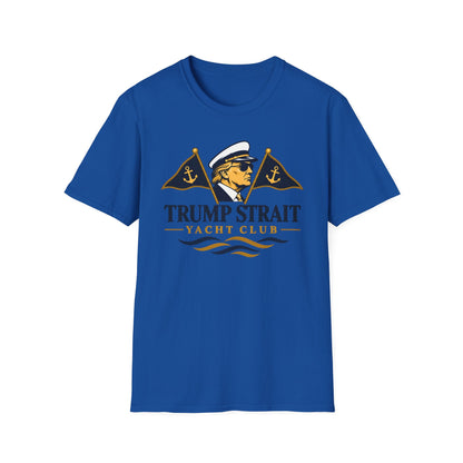 Trump Strait Yacht Club T-shirt in Blue with navy and gold captain graphic, front view