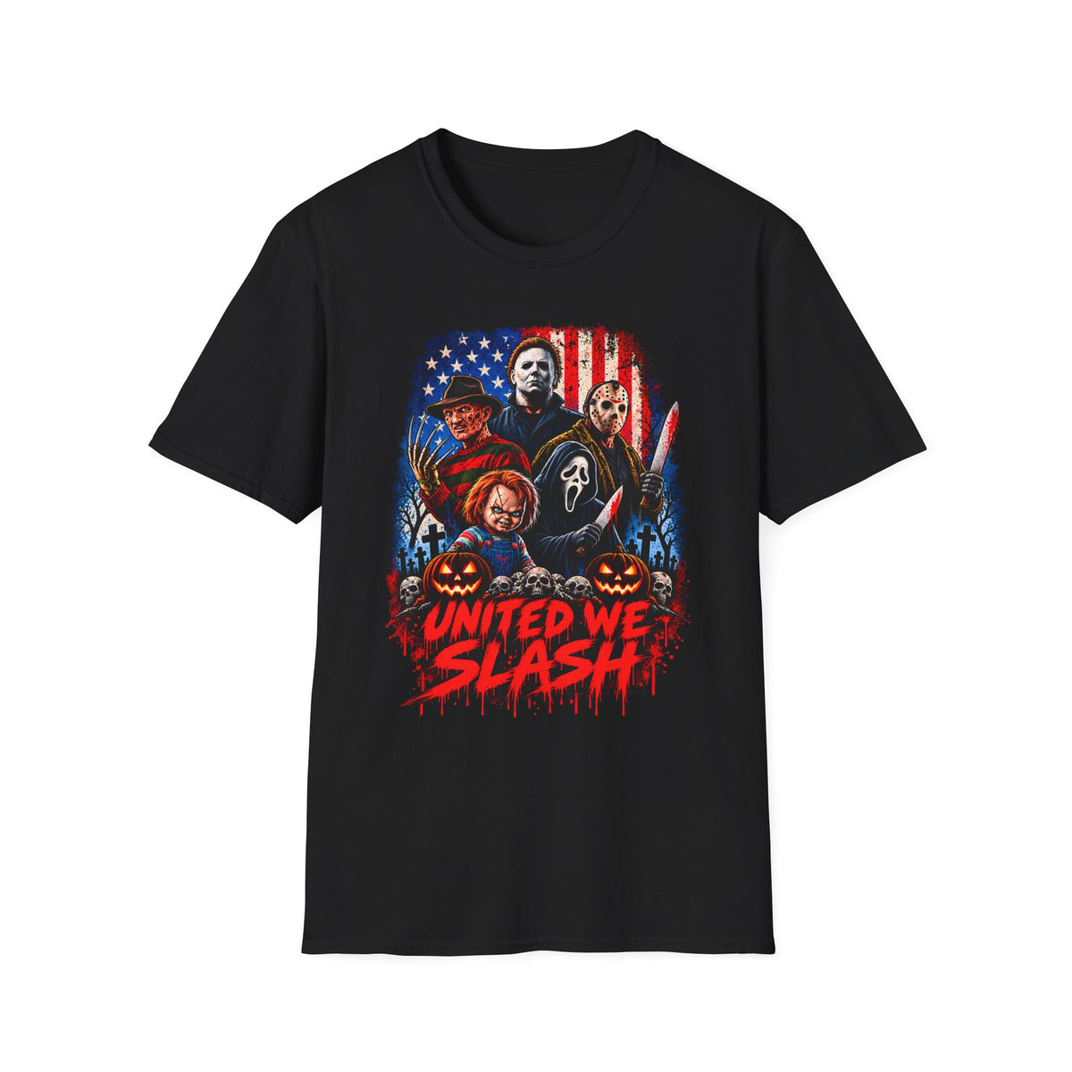 United We Slash T-Shirt | Patriotic Halloween Horror Graphic