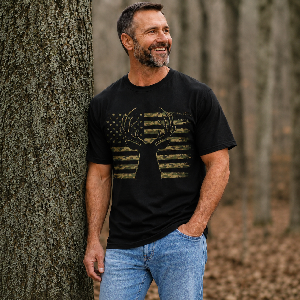 Camo Buck Silhouette Patriotic Hunting Tee | Unisex T-Shirt