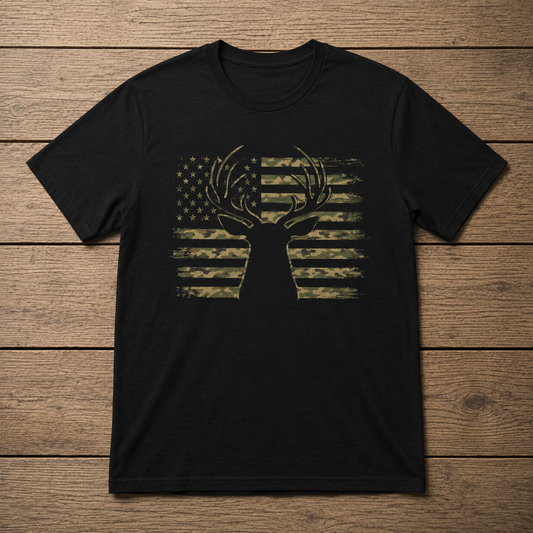 Camo Buck Silhouette Patriotic Hunting Tee | Unisex T-Shirt