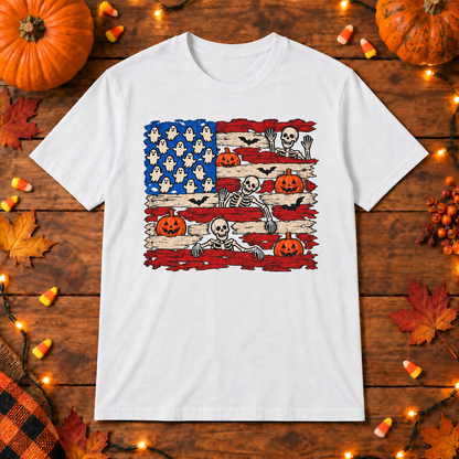 Halloween American Flag Shirt | Ghost Pumpkin Skeleton T-Shirt | Unisex Tee