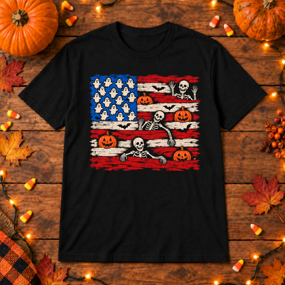 Halloween American Flag Shirt | Ghost Pumpkin Skeleton T-Shirt | Unisex Tee