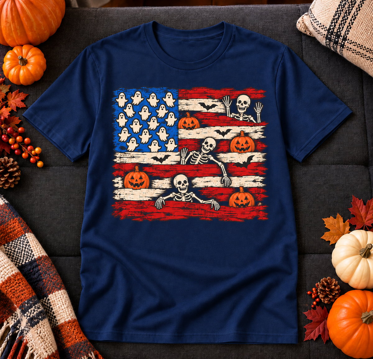 Halloween American Flag Shirt | Ghost Pumpkin Skeleton T-Shirt | Unisex Tee