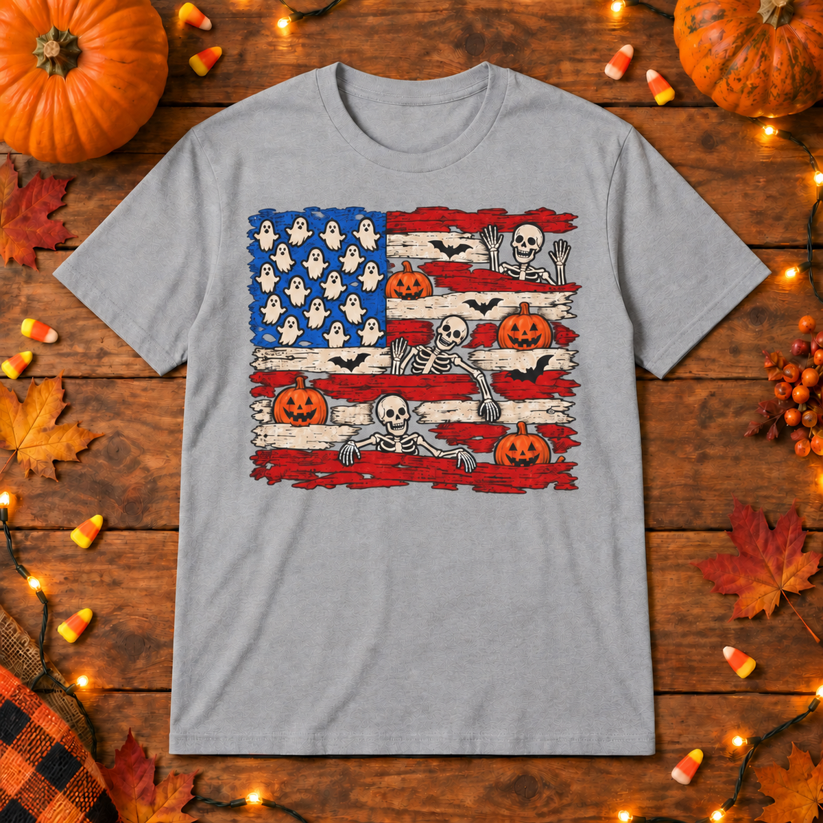 Halloween American Flag Shirt | Ghost Pumpkin Skeleton T-Shirt | Unisex Tee