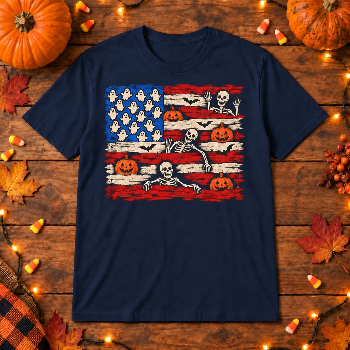 Halloween American Flag Shirt | Ghost Pumpkin Skeleton T-Shirt | Unisex Tee