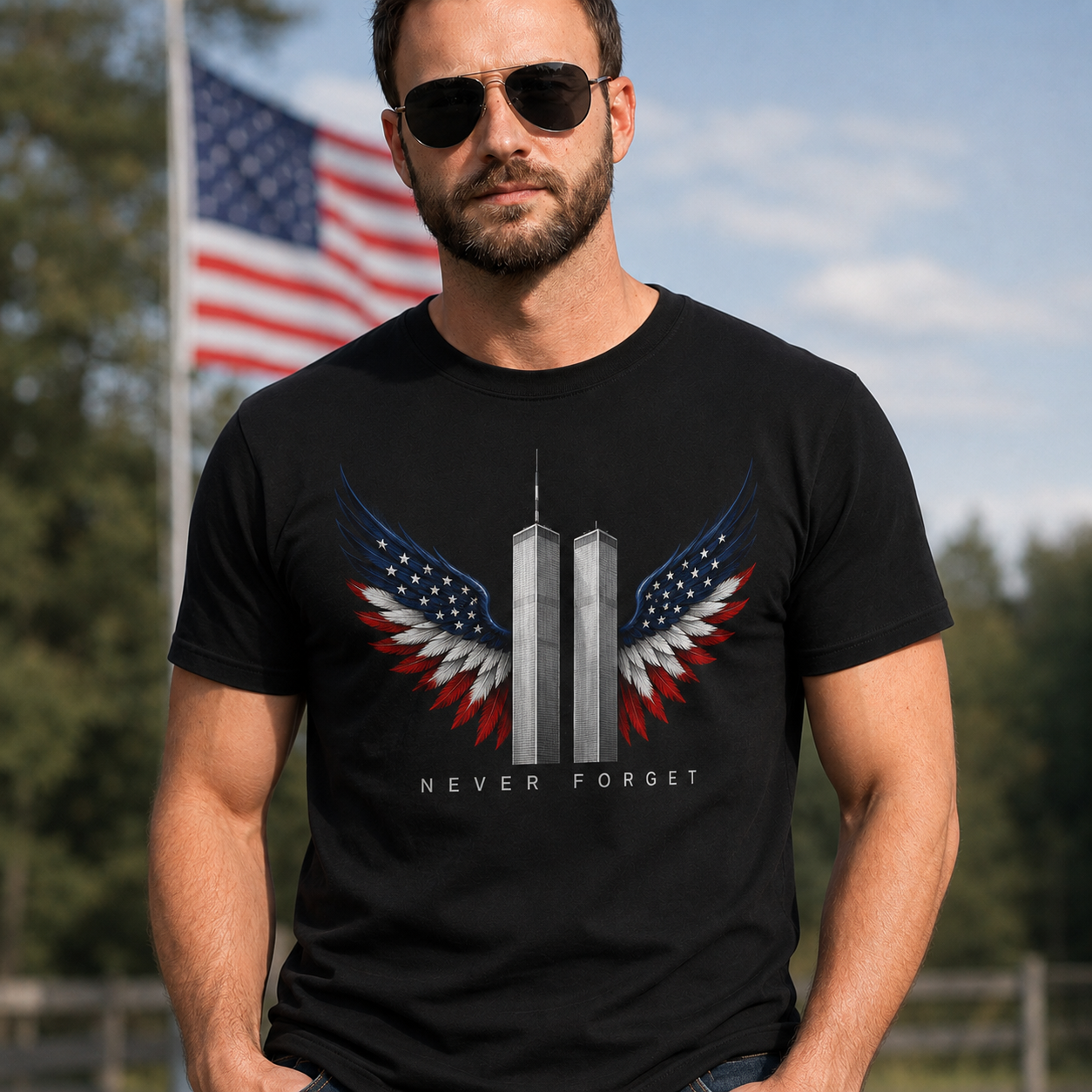 9/11 Never Forget Memorial Tee | Twin Towers Patriotic Wings Unisex T-Shirt