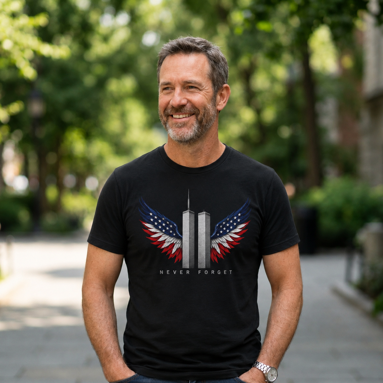 9/11 Never Forget Memorial Tee | Twin Towers Patriotic Wings Unisex T-Shirt