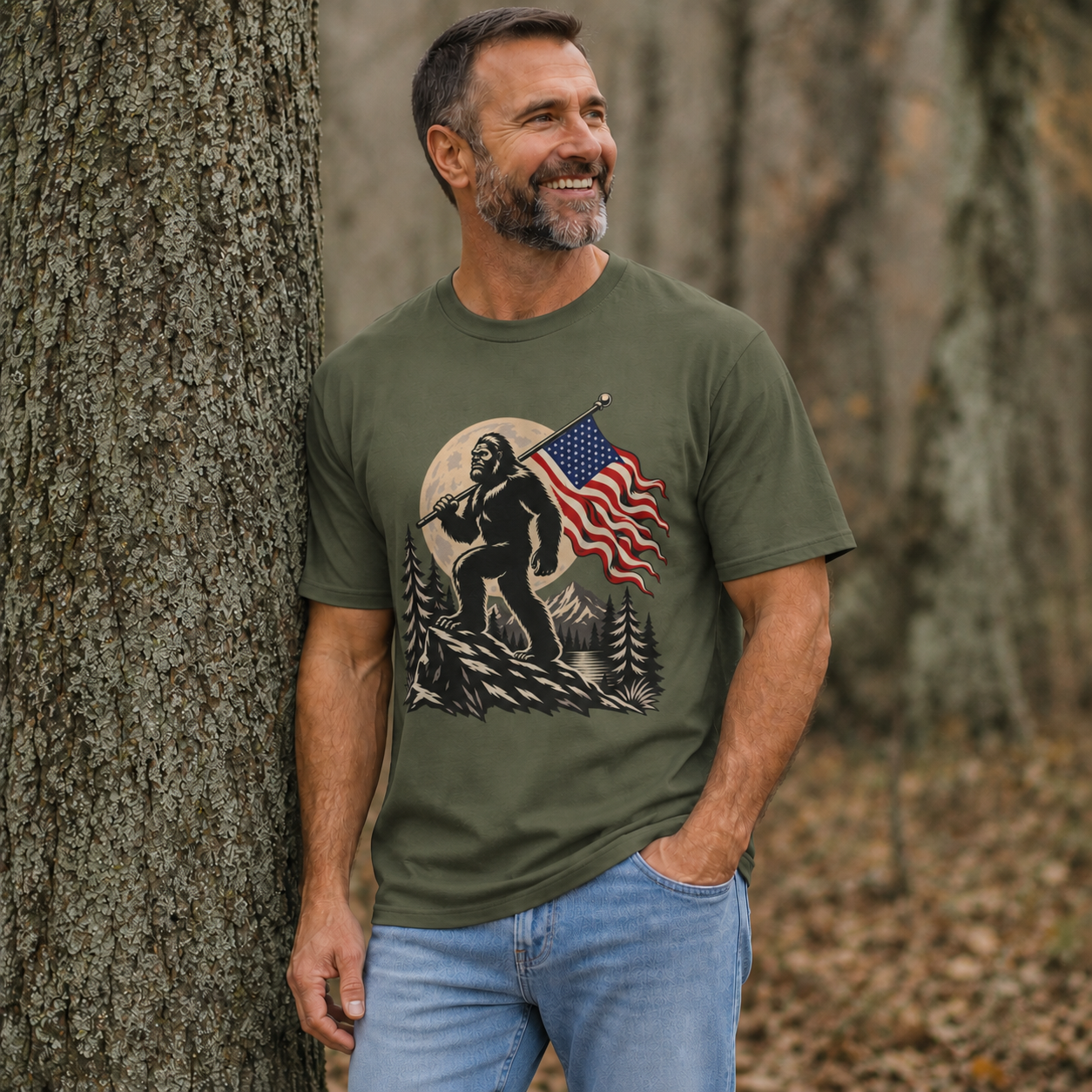 American Flag Bigfoot Wilderness T-Shirt | Nature Sasquatch Unisex Tee