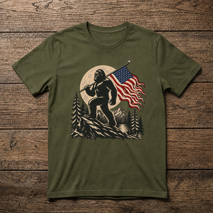 American Flag Bigfoot Wilderness T-Shirt | Nature Sasquatch Unisex Tee