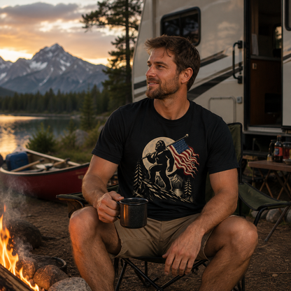 American Flag Bigfoot Wilderness T-Shirt | Nature Sasquatch Unisex Tee